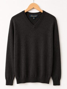 Garret Scott chocolate Brown 100% Extra Fine Merino Wool V-Neck Sweater L